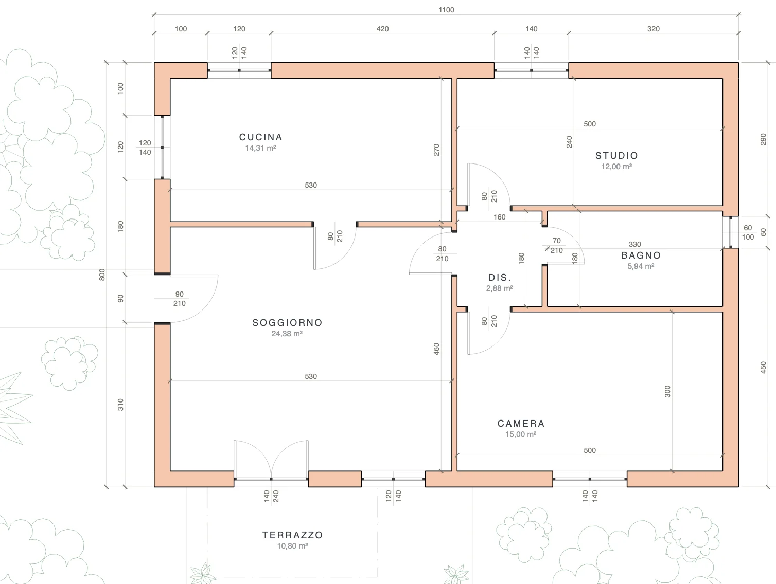 Lo stato di fatto dell'appartamento dell'esempio, quotato: cucina, soggiorno, studio, bagno, camera e terrazzo, con le misure dei muri e delle aperture.