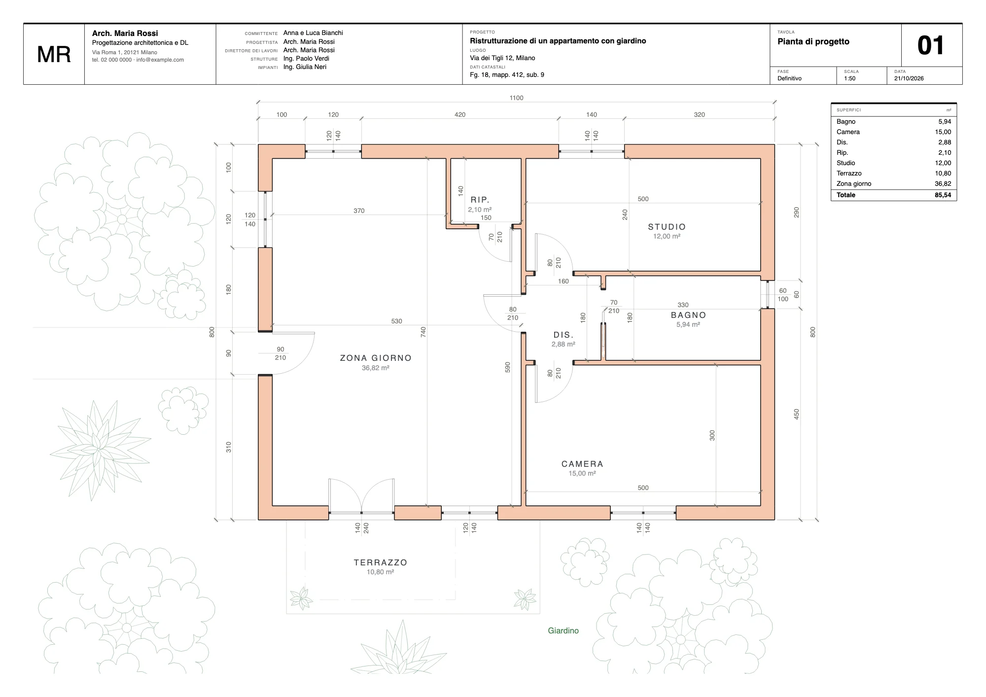 Tavola 01, Pianta di progetto: la pianta quotata di un appartamento con giardino in scala 1:50, con le aree dei locali e la tabella delle superfici.
